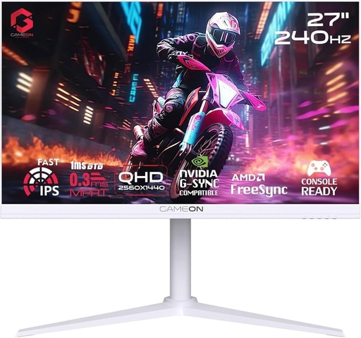 GAMEON 27" White, 2K QHD, 240Hz, 0.3ms, Fast IPS Panel, HDMI 2.1, FreeSync & G-Sync, Crosshair Assistant, HDR, PS5, Gaming Monitor GOA27QHD240IPS Arctic Pro-Series