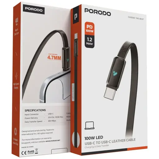 Porodo 100W LED USB-C To USB-C Leather Charging & Data Transfer Cable -PDCBL0049BK