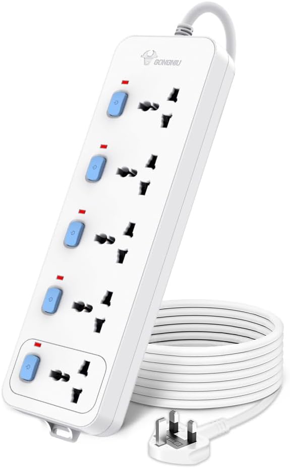GONGNIU 5-Way Multi Plug Power Extension Cord 5M with 5 Universal Sockets
